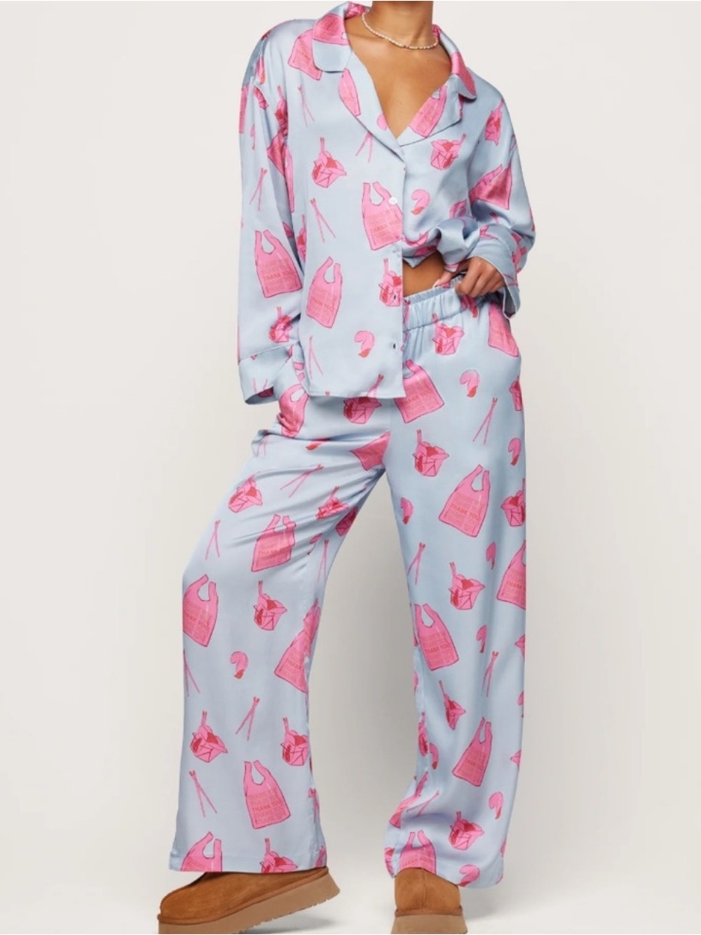 Neendi Takeout Graphic Satin Matching Pajama Set Size Small
